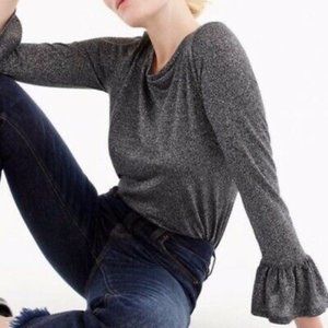 J. Crew Sparkle Bell- Sleeve Top Blouse Heather Gray Silver Size Large
